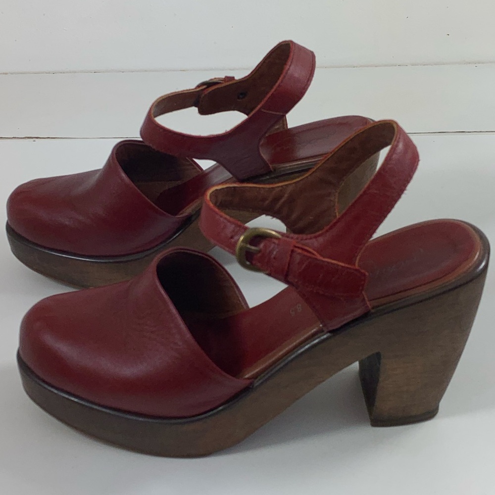 Women’s Red Leather Platform Mules with Ankle Strap